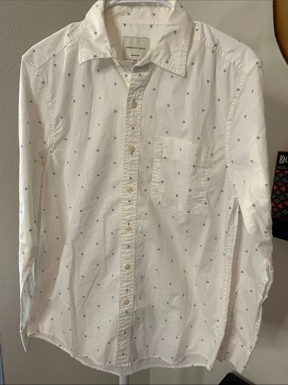 American Eagle Outfitters White Button-Down Shirt with Navy Microprint